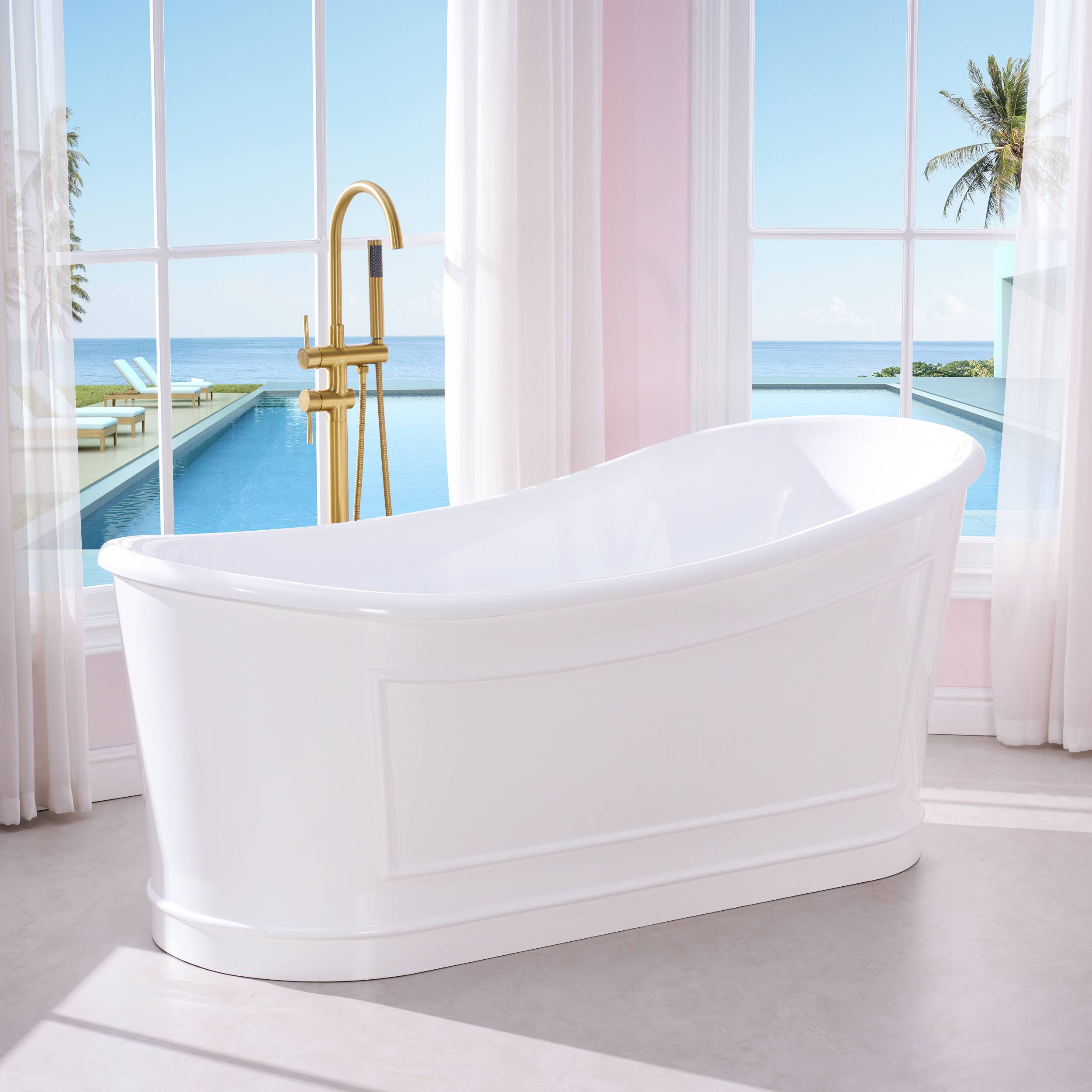 Angle. WELLFOR - Vogue 66 in. x 30 in. Acrylic Oval Freestanding Soaking Bathtub with Drain and Overflow - White.