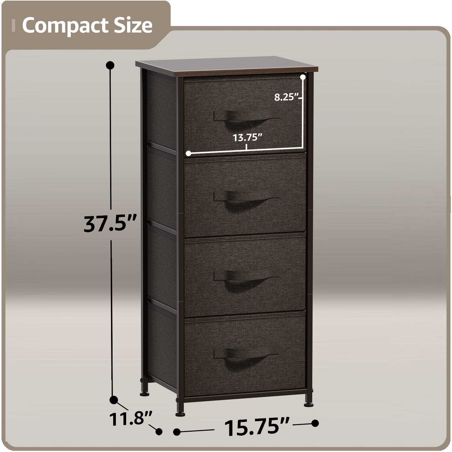 Compact Size

- Height: 37.5"
- Width: 15.75"
- Depth: 11.8"
- Drawer Height: 13.75"
- Drawer Width: 8.25"