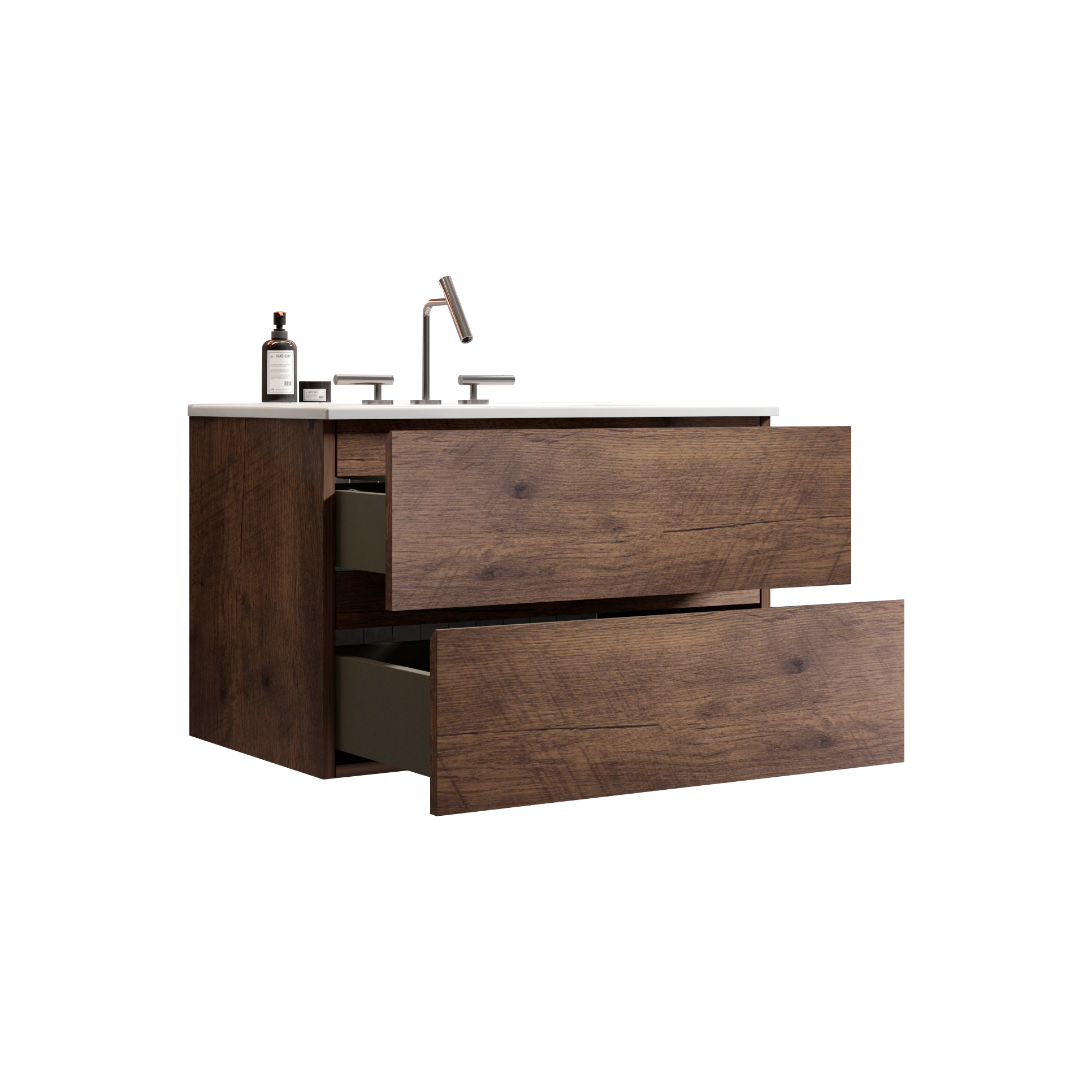 Alt View 3. Boyel Living - 30 Inch Walnut Bathroom Vanity with Ceramic Sink, Large Storage, Floating Design, One-Piece Basin, Pre-Assembled - Walnut.