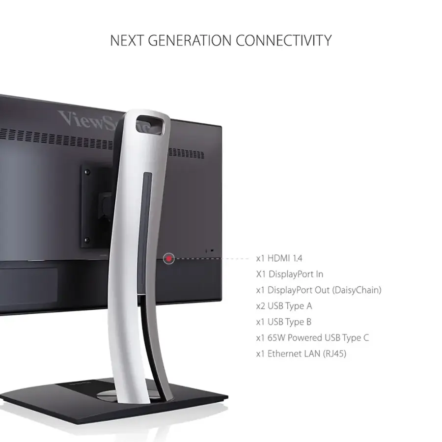 Next Generation Connectivity: ViewSonic x1 HDMI 1.4 x1 DisplayPort In x1 DisplayPort Out (DaisyChain) x2 USB Type A x1 USB Type B x1 65W Powered USB Type C x1 Ethernet LAN (RJ45)