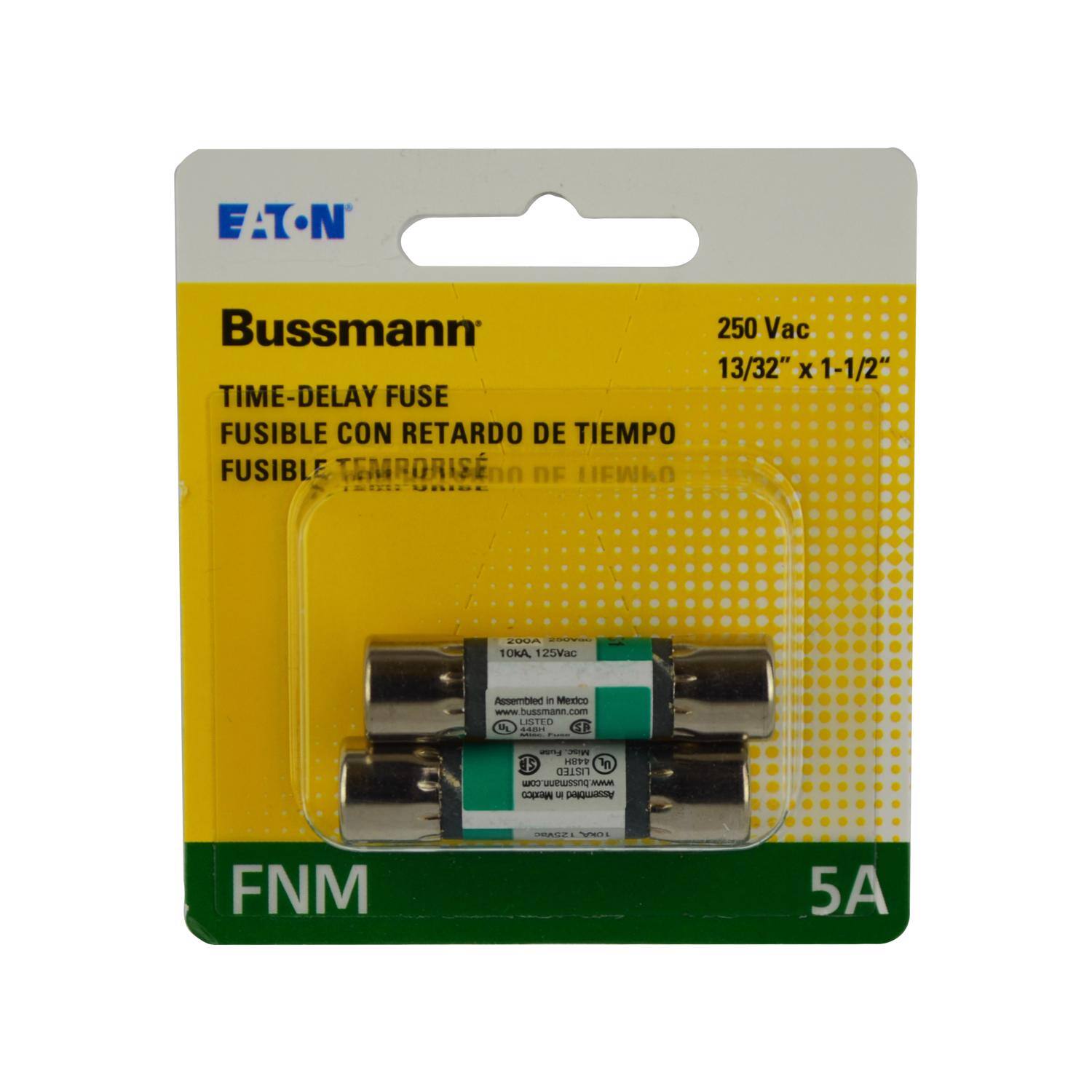 EATON  
Bussmann 250 Vac 13/32" X 1-1/2" TIME-DELAY FUSE FUSIBLE CON RETARDO DE TIEMPO FUSIBLE TEMPORIS DE TIEMPO  
200A 10kA, 125Vac  
Assembled in Mexico www.bussmann.com LISTED  
Fuse Misc. S 448H n LISTED bussmann.com WWW Mexico U Assembled  
FNM  
12Wac OKA, -  
5A