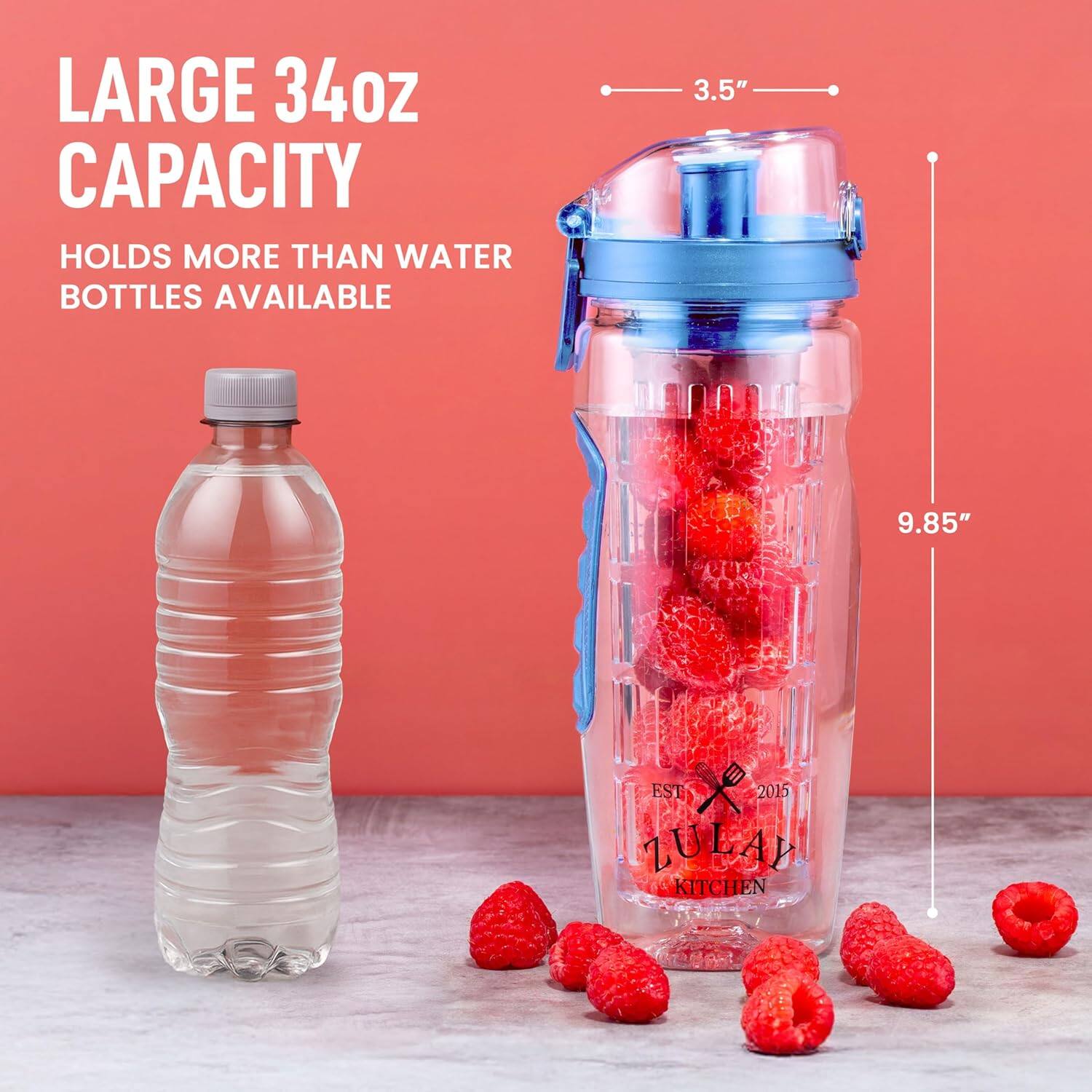 LARGE 34oz CAPACITY  
HOLDS MORE THAN WATER BOTTLES AVAILABLE  

3.5"  
9.85"  

EST 2015  
LUEAL KITCHEN