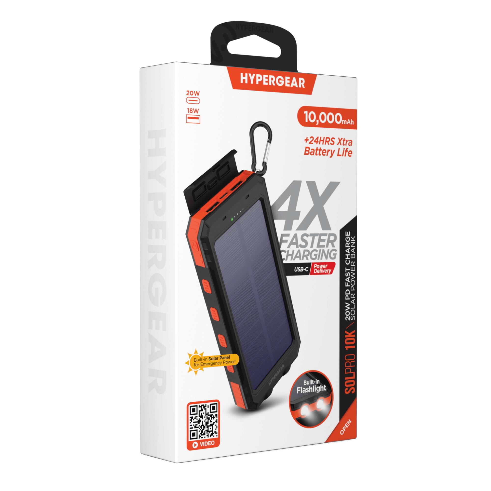 HYPERGEAR HYPERGEAR HYPERGEAR 20W 18W 10,000mAh +24HRS Xtra Battery Life 4X FASTER BANK CHARGING CHARGE Power USB-C Delivery FAST POWER PD LAR 20W SOLA 10K Built Solar Panel Emergency wert for HTPERORAR KM Flashlight Built-in SOLPRO OPEN VIDEO