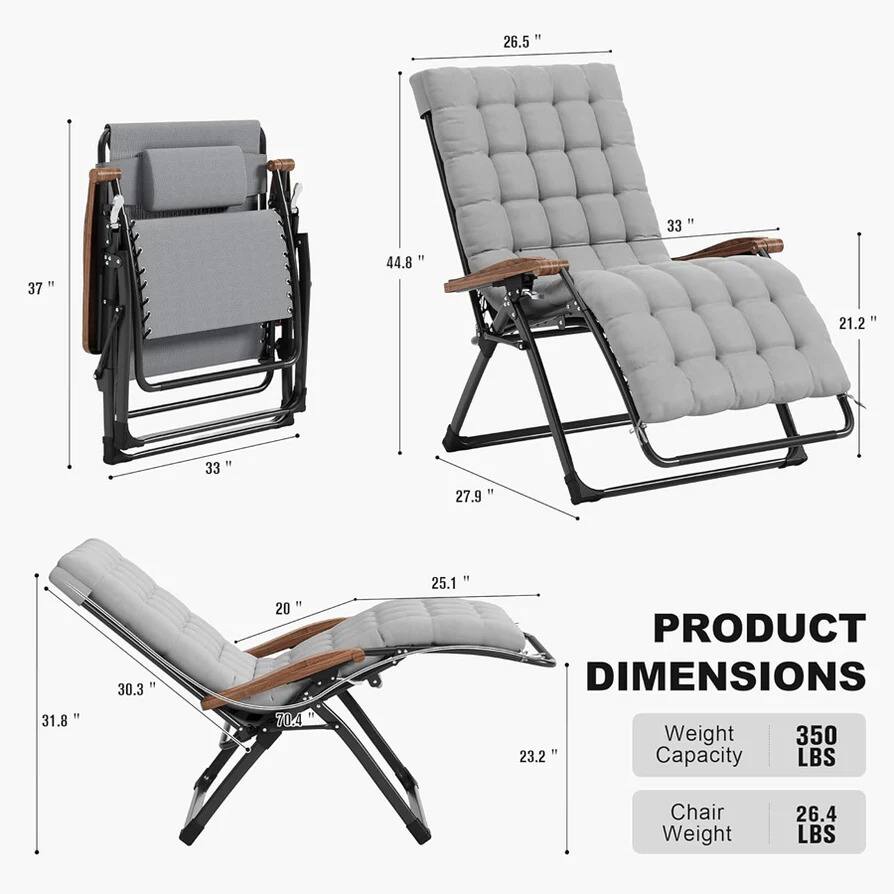26.5"  
33"  
37"  
44.8"  
21.2"  
27.9"  
31.8"  
30.3"  
20"  
70.4"  
25.1"  
23.2"  

PRODUCT DIMENSIONS  
Weight Capacity: 350 LBS  
Chair Weight: 26.4 LBS