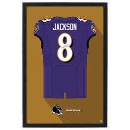 Sporticulture - Lamar Jackson Baltimore Ravens Home Jersey Framed Art Print - Purple
