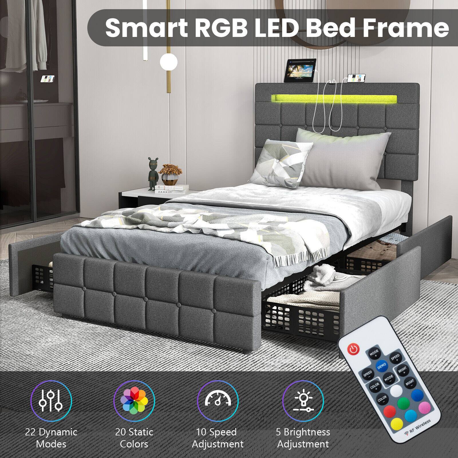 Smart RGB LED Bed Frame

22 Dynamic Modes
20 Static Colors
10 Speed Adjustment
5 Brightness Adjustment
Wireless RF