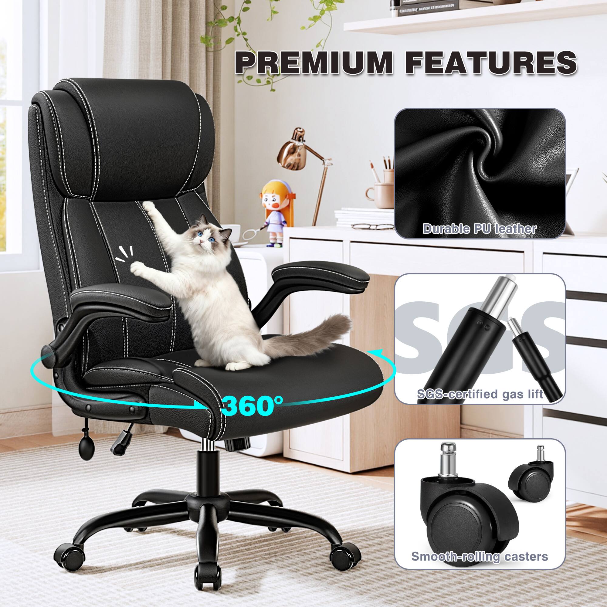 - PREMIUM FEATURES
  - Durable PU leather
  - 360° rotation
  - SGS-certified gas lift
  - Smooth-rolling casters