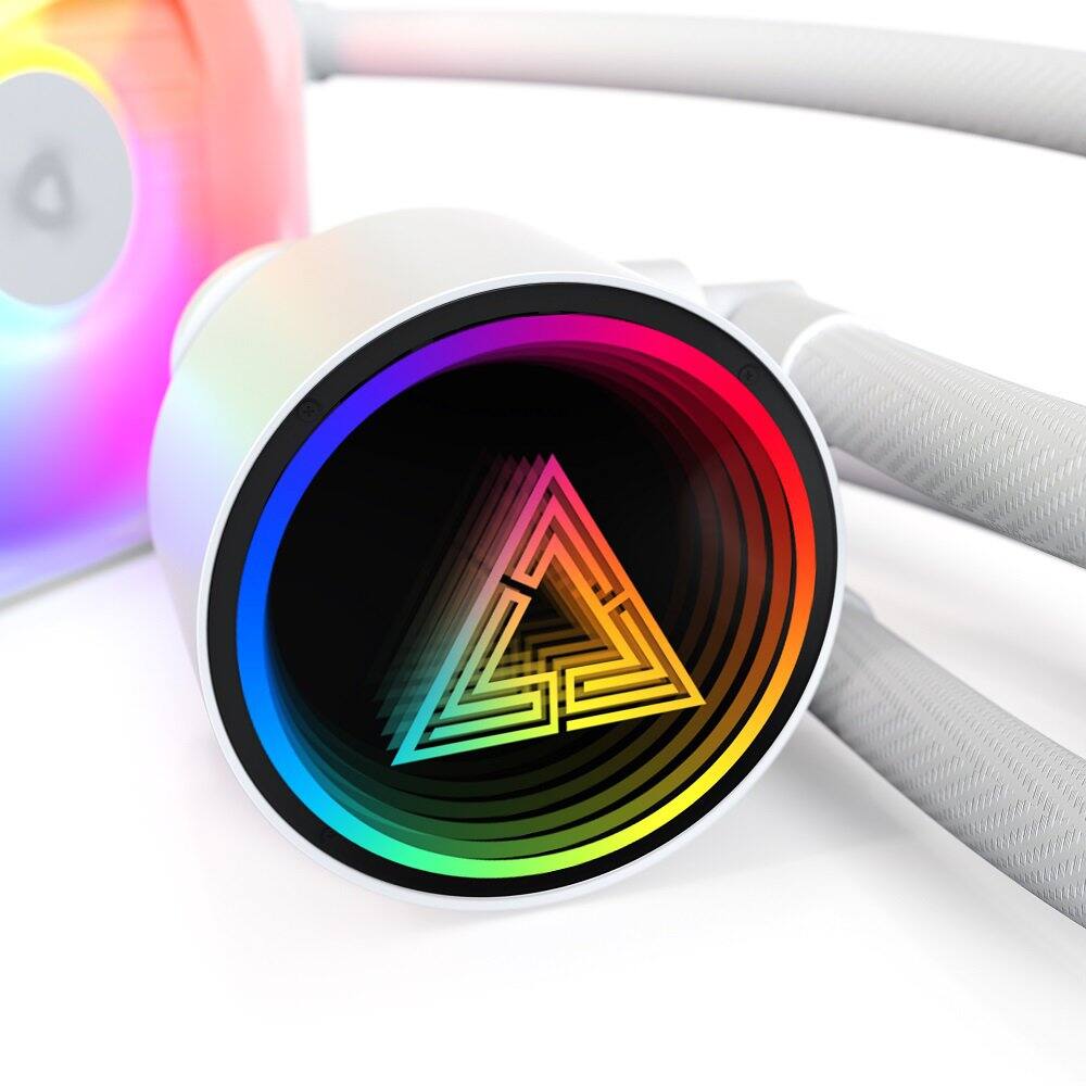 Alt View 2. Montech - LightFlow ARGB 360 CPU Liquid Cooler, 360mm AIO with Infinity Mirror Design, 3100RPM Pump, 3x120mm ARGB Fans - White.