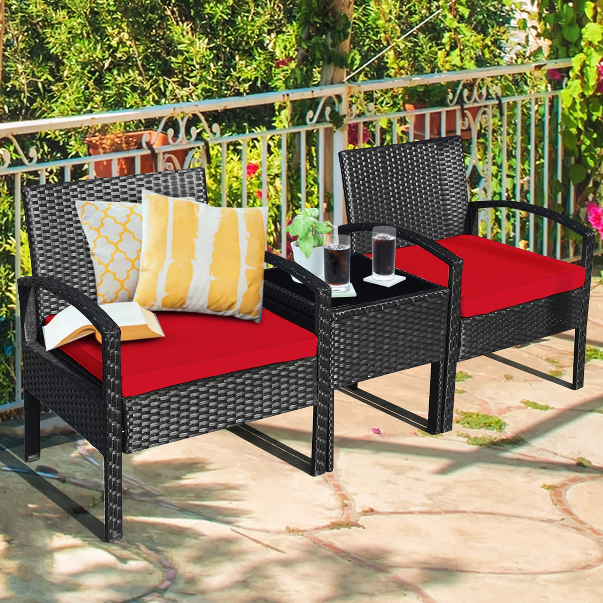 Gymax - 3PCS Patio Rattan Conversation Furniture Set Outdoor Yard w/ Red Cushions - Black price history on PriceWatchPro