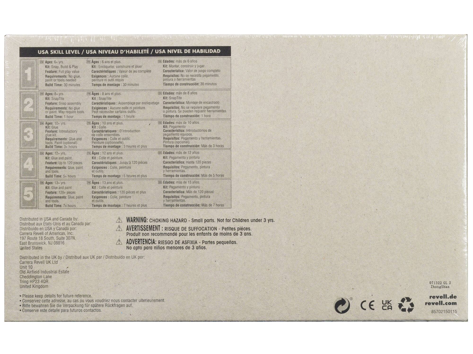 **USA SKILL LEVEL / USA NIVEAU D'ABILITÉ / USA NIVEL DE HABILIDAD**

1. **Ages: 6 yrs. & up**  
   - Kit: SnapTite  
   - Requirements: No glue, paint or tools needed  
   - Build Time: 30 minutes  
   - Características: Valor de juego completo  
   - Exigencias: No se necesita pegamento, pintura ni herramientas  
   - Temps de montage: 30 minutes  
   - Edades: más de 6 años  
   - Kit: Montar y jugar  
   - Características: Valor de juego completo  
   - Requisitos: No se necesita pegamento, pintura ni herramientas  
   - Tiempo de construcción: 30 minutos  

2. **Ages: 8 yrs. & up**  
   - Kit: SnapTite  
   - Feature: Snap assembly  
   - Requirements: No glue, or paint. May require tools  
   - Build Time: 1 hour  
   - Características: Asamblea en encastado  
   - Exigencias: No se necesita pegamento, puede necesitar ciertas