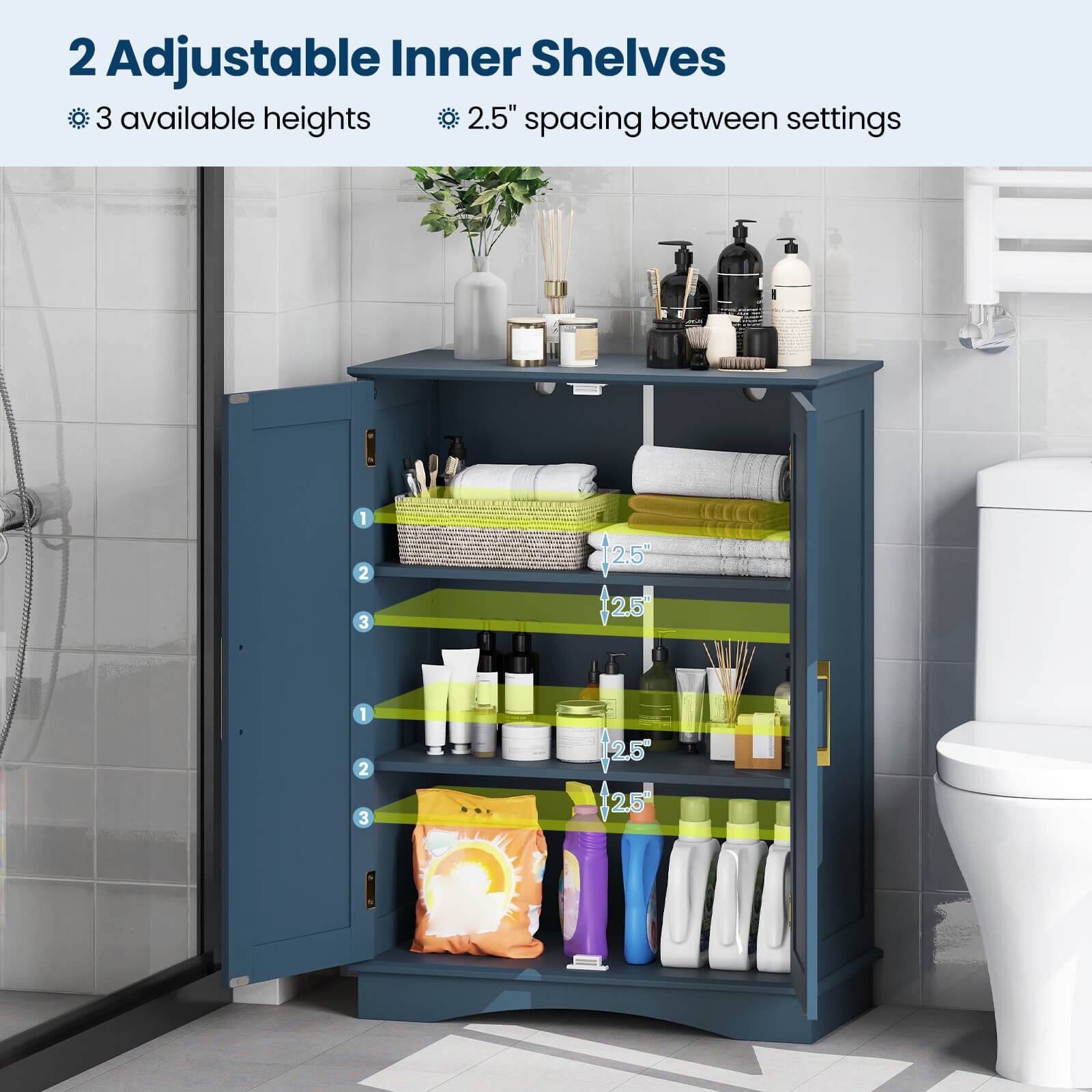 2 Adjustable Inner Shelves  
3 available heights  
2.5" spacing between settings