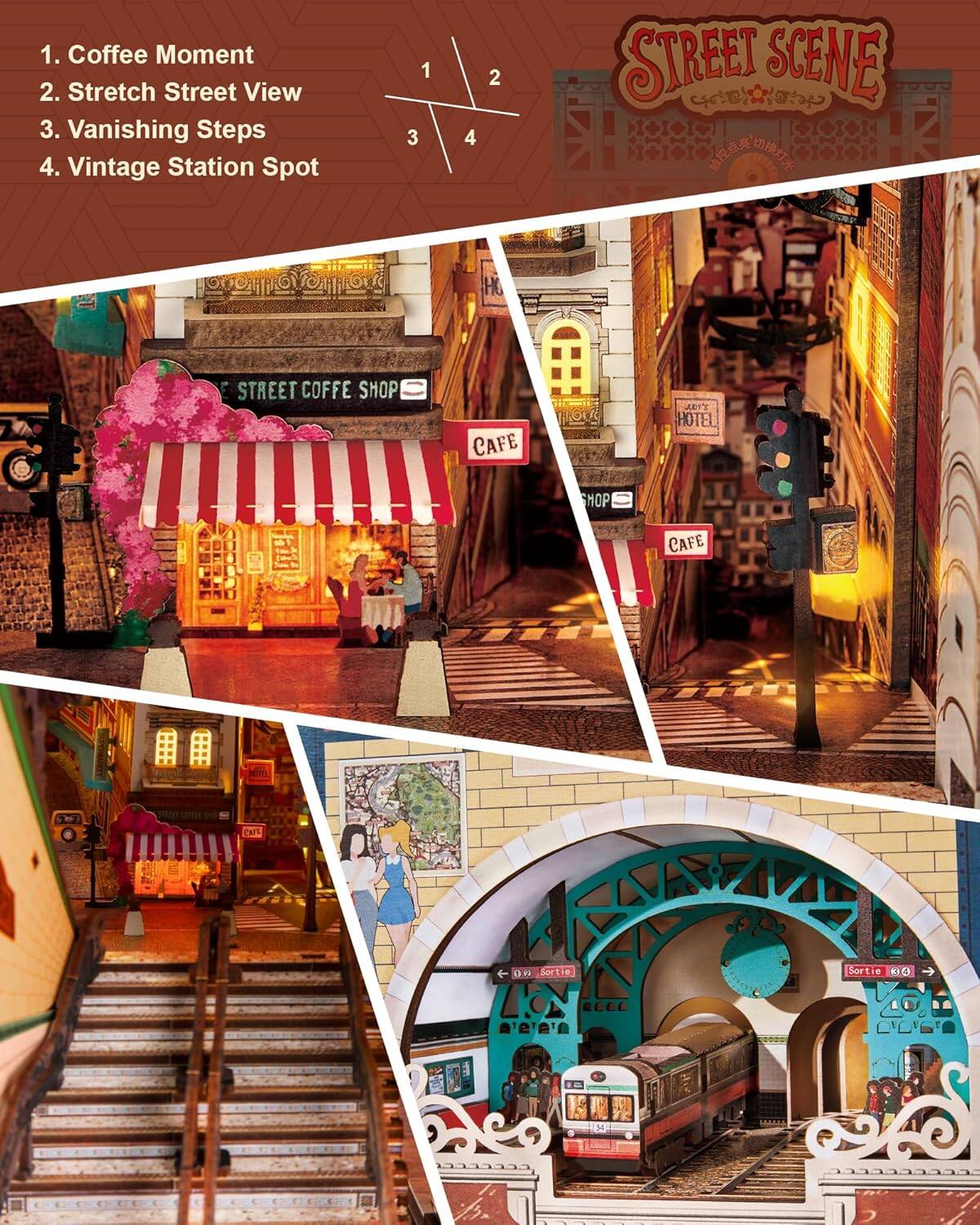 1. Coffee Moment  
2. Stretch Street View  
3. Vanishing Steps  
4. Vintage Station Spot  

STREET SCENE  

1. Coffee Moment  
2. Stretch Street View  
3. Vanishing Steps  
4. Vintage Station Spot  

STREET COFFEE SHOP  
CAFE  
HOTEL  
CAFE  

Sortie 10  
Sortie 0.0  
Sortie 10 A S4