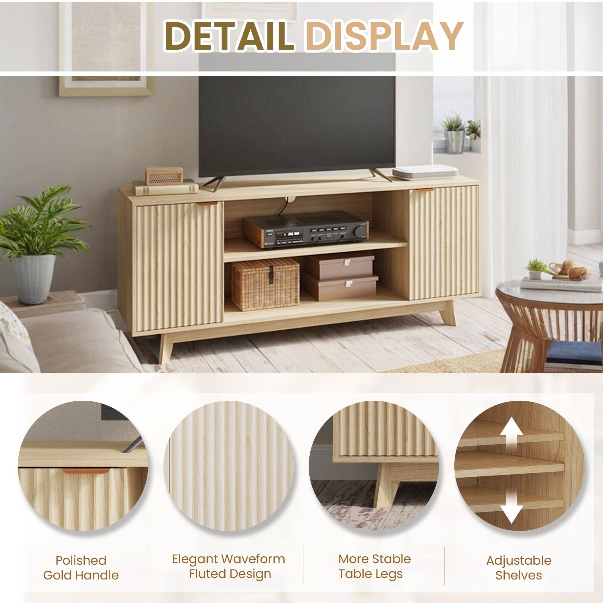 DETAIL DISPLAY

- Polished Gold Handle
- Elegant Waveform Fluted Design
- More Stable Table Legs
- Adjustable Shelves