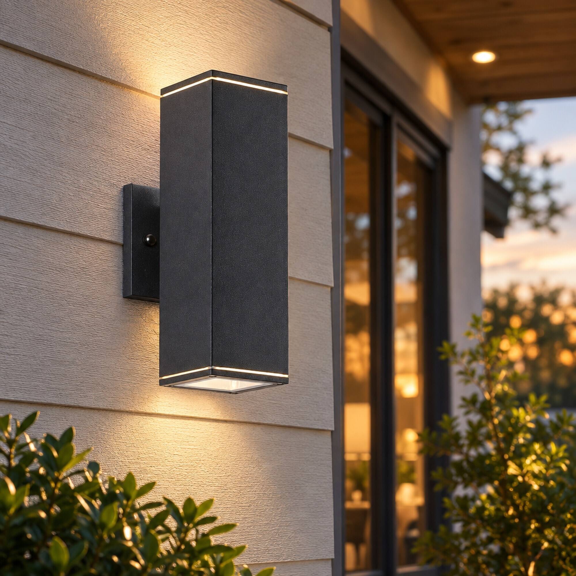 Angle. RYHNUYNE - 12 In Outdoor Wall Lights 2 Pack, Modern Square Up Down Waterproof Aluminum Porch Light Fixture - Black.