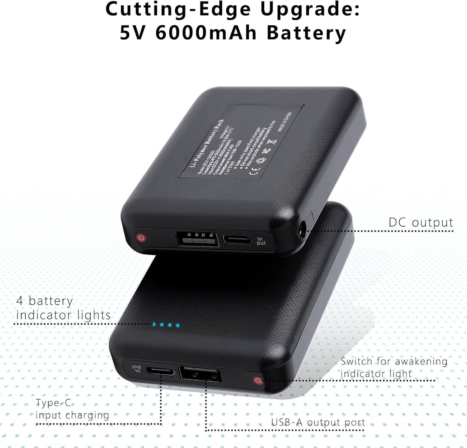 Cutting-Edge Upgrade:  
5V 6000mAh Battery  

- 4 battery indicator lights  
- Type-C input charging  
- USB-A output port  
- Switch for awakening indicator light  
- DC output