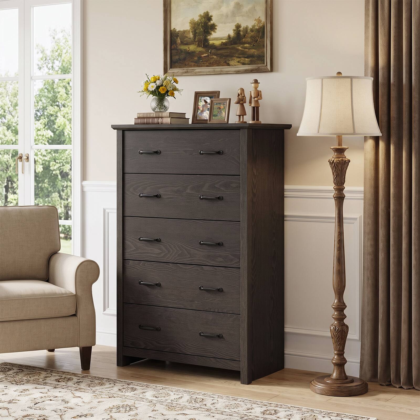 Alt View 3. Costway - Costway 5 Drawer Chest Storage Dresser Tall Cabinet Organizer Bedroom Hallway - Dark Gray Oak.