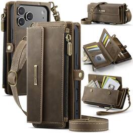 Dteck - Wallet Case for Apple iPhone 17 Pro Max, Leather Shockproof Card Slots Zipper Pocket Cover With Shoulder Strap+Lanyard - Coffee