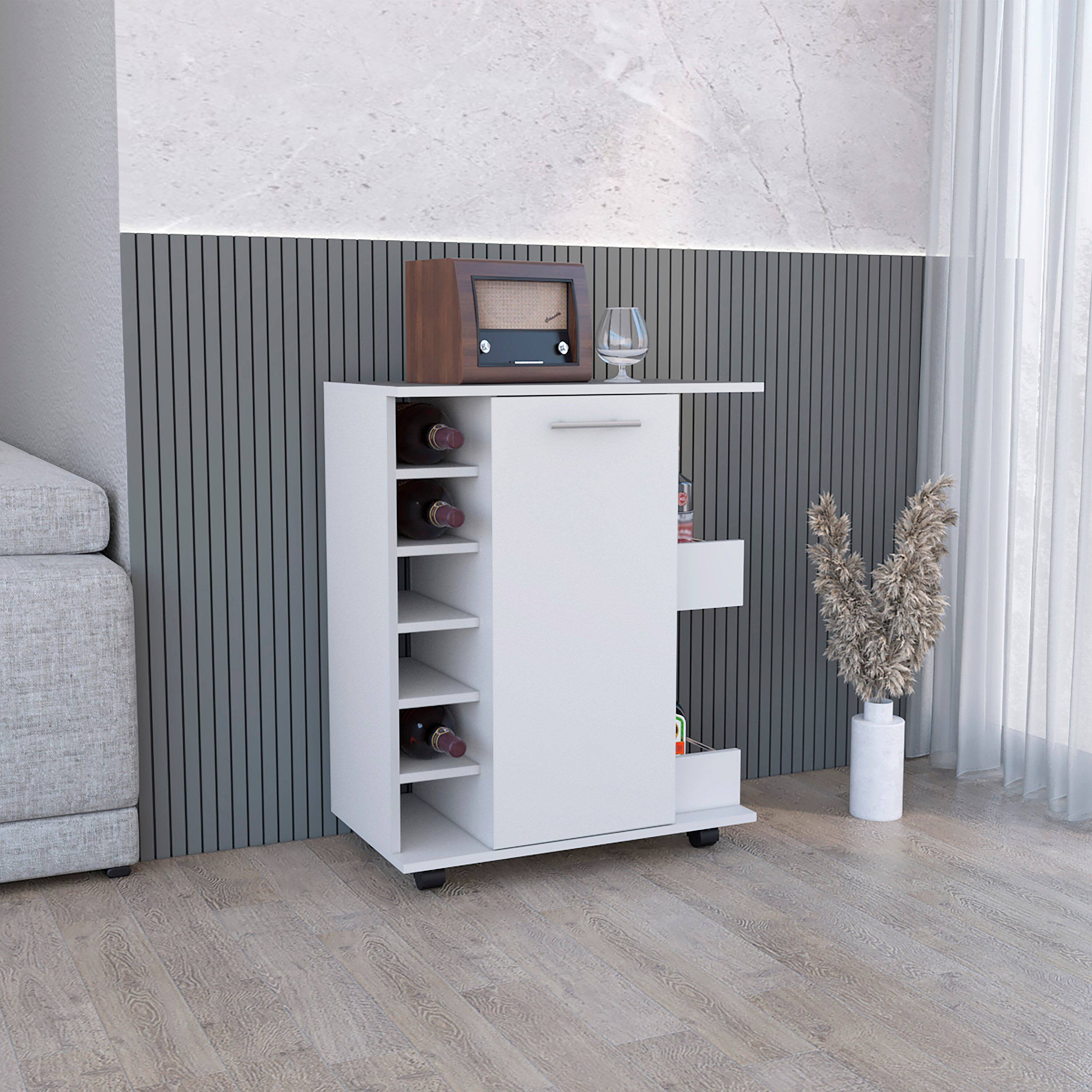 Angle. TuHome - Lothian Bar Cart with Casters, 2-Side Storage Shelves, 6-Wine Bottle Rack, Living Room or Bar Room - White.