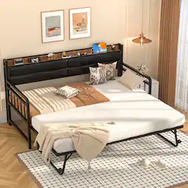 Aheaplus - Twin Daybed with Trundle, Day Bed with Upholstered Headboard and Power Outlets - Brown