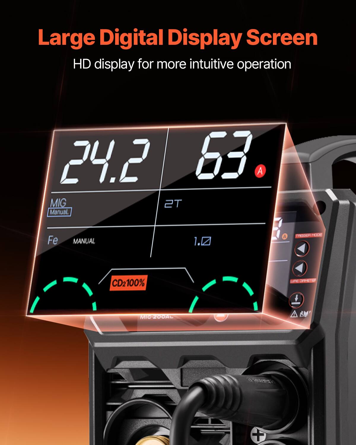 Large Digital Display Screen  
HD display for more intuitive operation  

24.2  
63 A  

MIG 2T  
Fe MANUAL  
1.0 A  

TRIGGER MODE  
CD2100%  
MIG 200AL