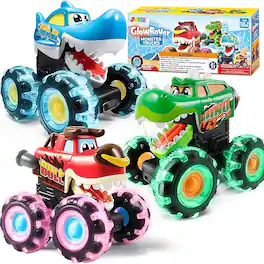 Joyfy - 3 Pack Monster Truck Toy - Motion Activated Light Up Cars, Glow LED Wheels for Toddlers