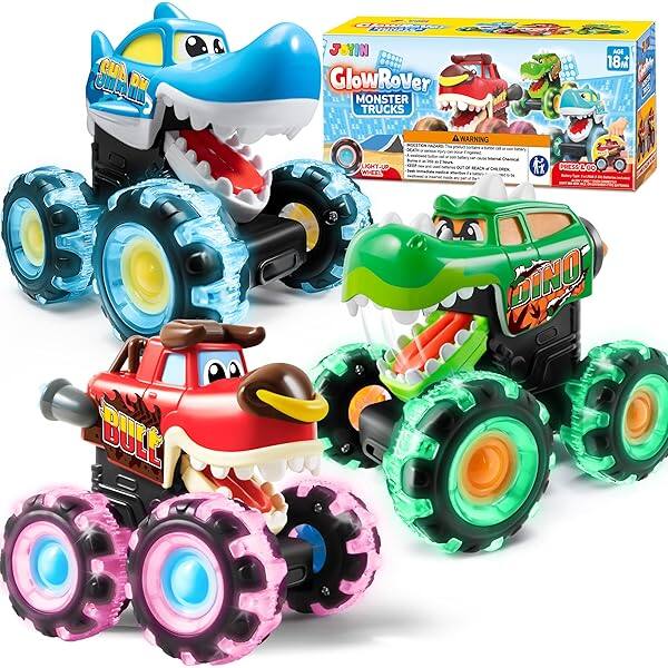 Joyfy - 3 Pack Monster Truck Toy - Motion Activated Light Up Cars, Glow LED Wheels for Toddlers
