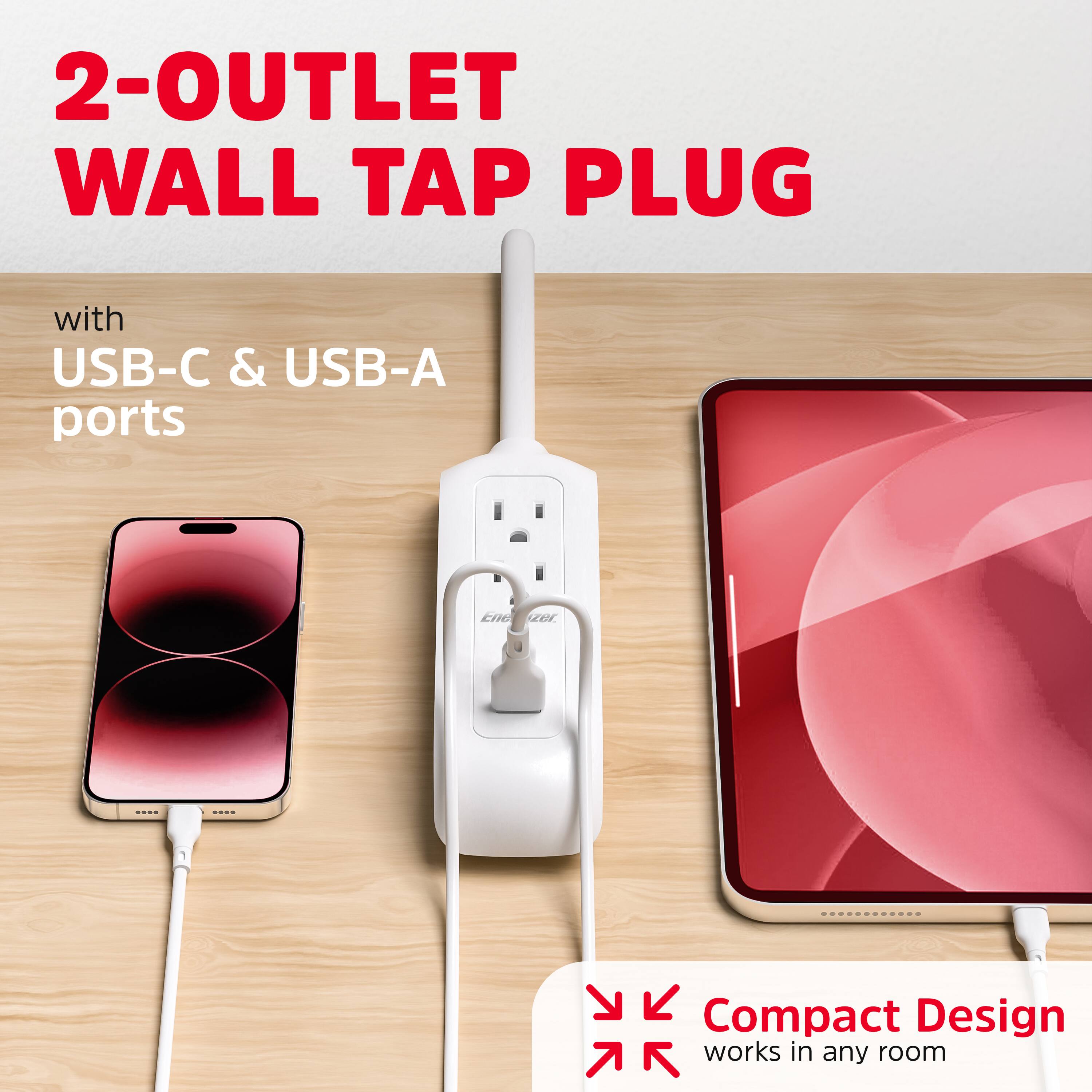 2-OUTLET WALL TAP PLUG

with USB-C & USB-A ports

Compact Design works in any room