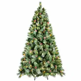 RYHNUYNE - 7FT Pre-Lit Artificial Christmas Tree With 400 Warm White LED Lights and 1348 Tips, 82 Pine Cones and Metal Stand - Green
