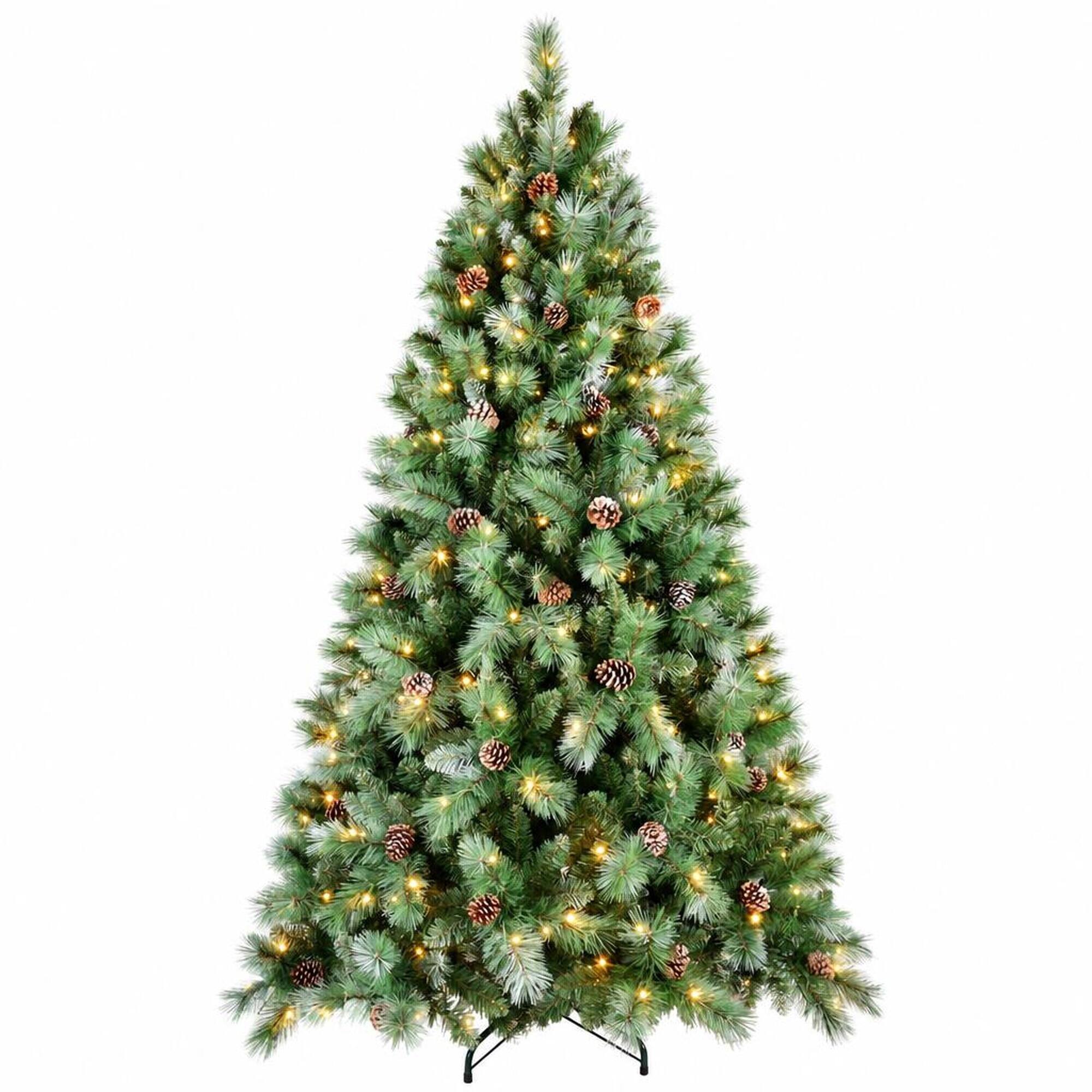 Front. RYHNUYNE - 7FT Pre-Lit Artificial Christmas Tree With 400 Warm White LED Lights and 1348 Tips, 82 Pine Cones and Metal Stand - Green.