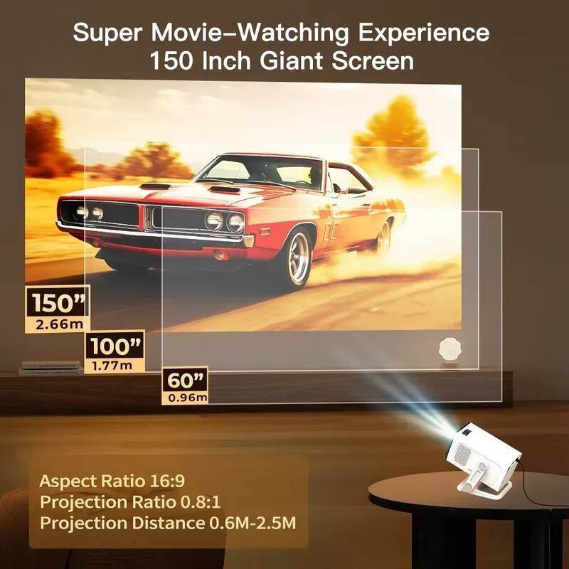 Super Movie-Watching Experience  
150 Inch Giant Screen  

150" 2.66m  
100" 1.77m  
60" 0.96m  

Aspect Ratio 16:9  
Projection Ratio 0.8:1  
Projection Distance 0.6M-2.5M