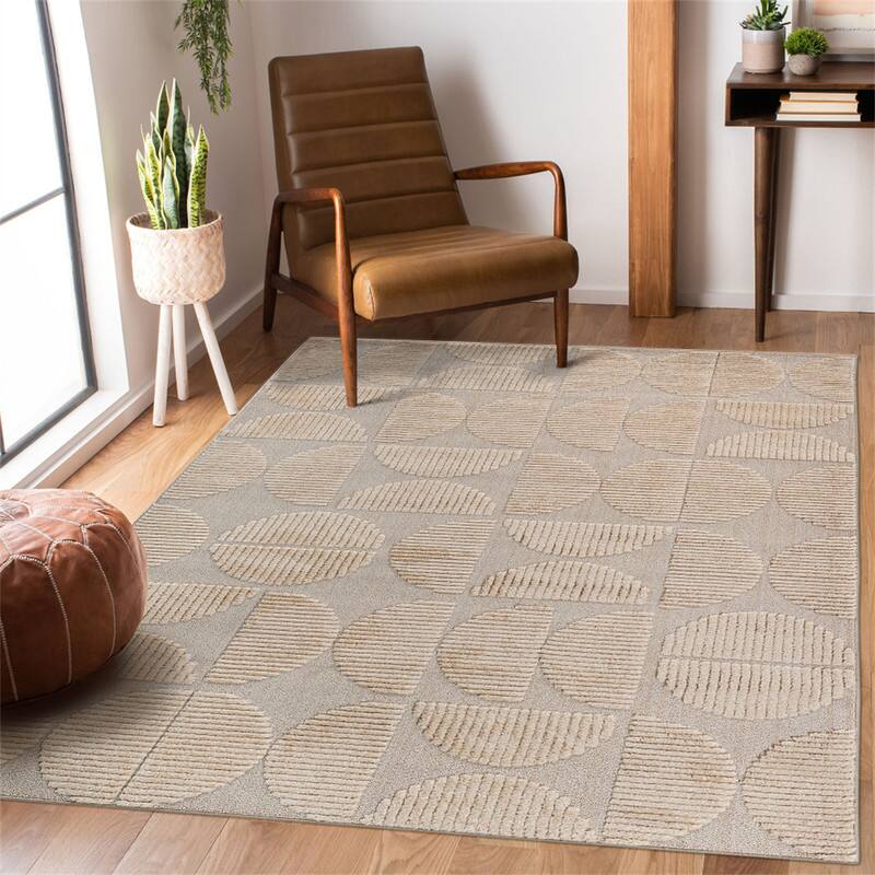 Angle. HTUTWOO - High-Low Indoor Area Rug - 5'3''x7'6'' Geometric Non-Shedding Carpet, Bohemian Style, Living Room Bedroom Kitchen - Beige.