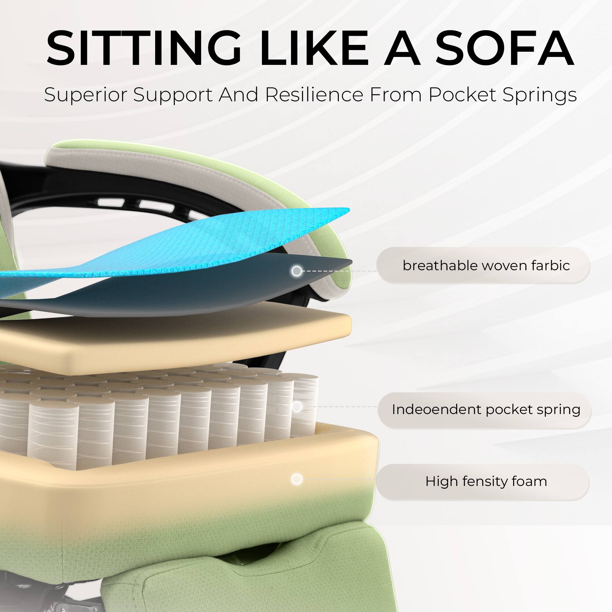 SITTING LIKE A SOFA  
Superior Support And Resilience From Pocket Springs  

- breathable woven fabric  
- Independent pocket spring  
- High density foam