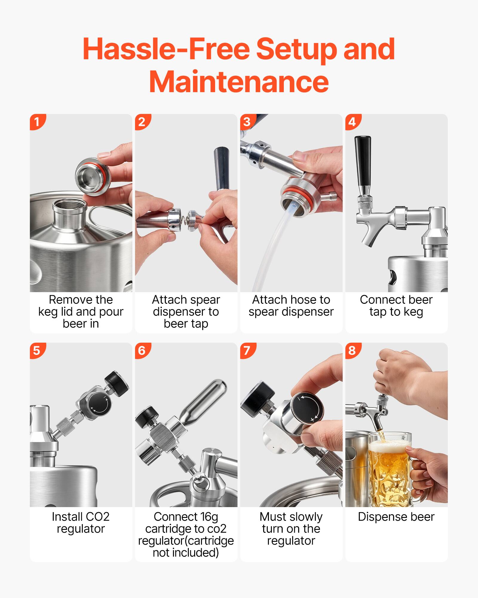 Hassle-Free Setup and Maintenance

1. Remove the keg lid and pour beer in
2. Attach spear dispenser to beer tap
3. Attach hose to spear dispenser
4. Connect beer tap to keg
5. Install CO2 regulator
6. Connect 16g cartridge to CO2 regulator (cartridge not included)
7. Must slowly turn on the regulator
8. Dispense beer