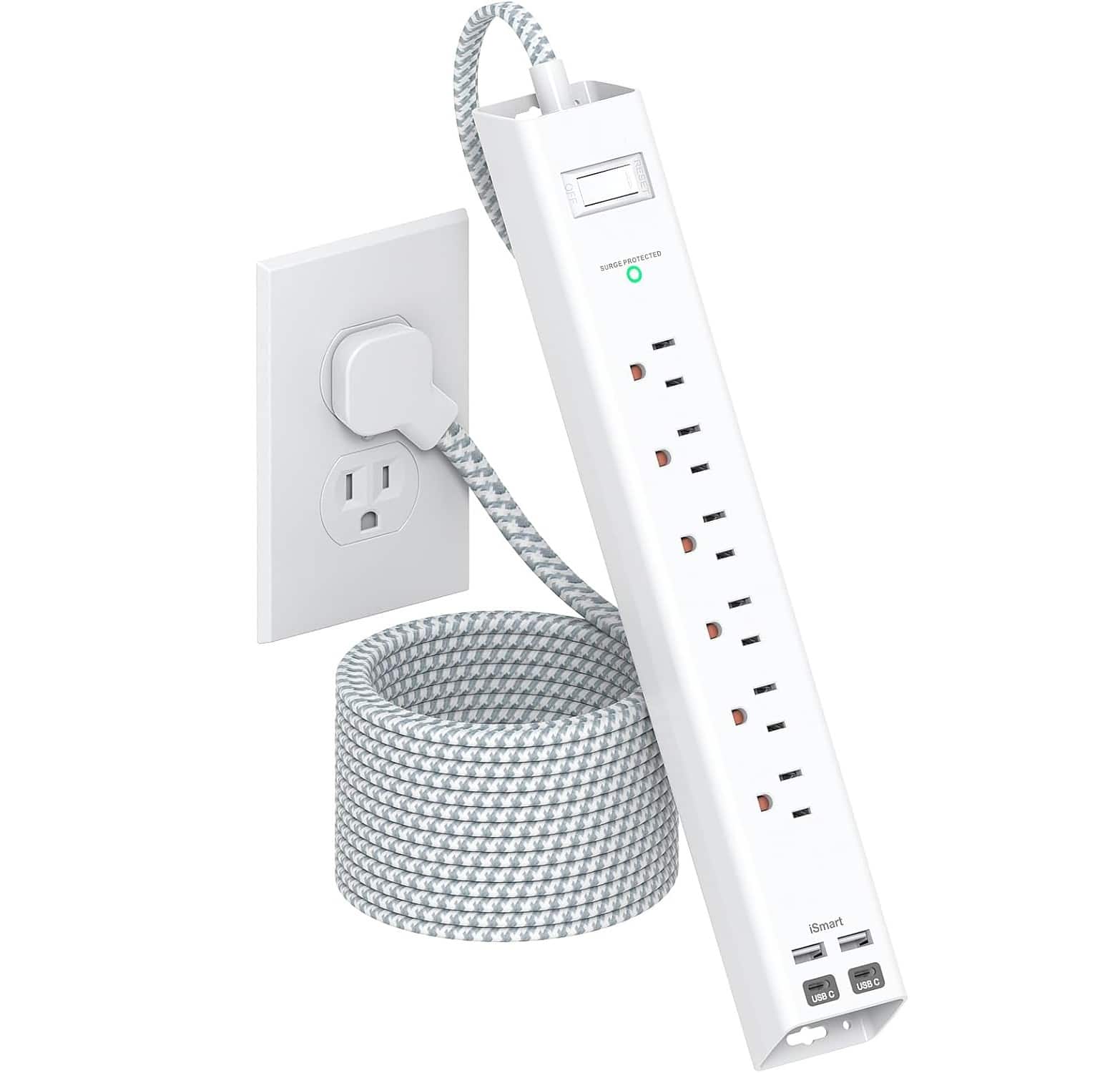 FINEAK - Slim 10ft Power Strip-6 AC, 4 USB-C, Surge Protection, Wall Mount - White