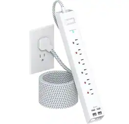FINEAK - Slim 10ft Power Strip-6 AC, 4 USB-C, Surge Protection, Wall Mount - White