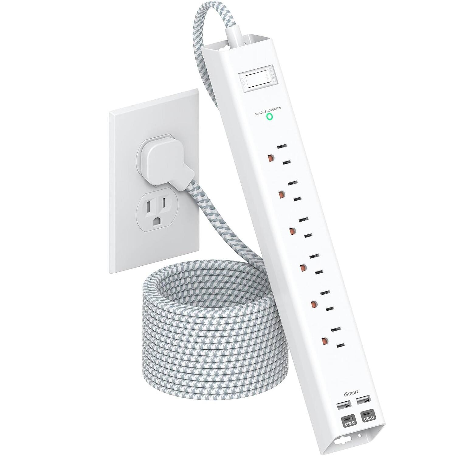 FINEAK - Slim 10ft Power Strip-6 AC, 4 USB-C, Surge Protection, Wall Mount - White
