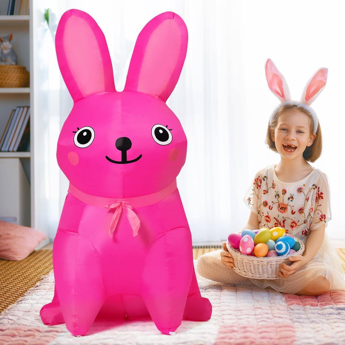 Left. GOOSH Inflatables - GOOSH 5FT Easter Inflatables Bunny Pink Rabbit with LED Lights - Pink.