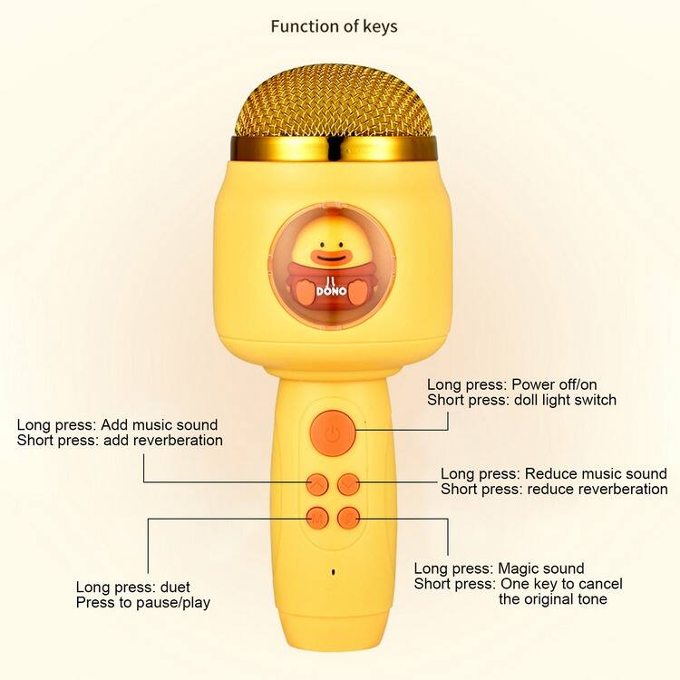 Function of keys

- Long press: Add music sound
- Short press: Add reverb

- Long press: Power off/on
- Short press: Doll light switch

- Long press: Reduce music sound
- Short press: Reduce reverb

- Long press: Duet
- Press to pause/play

- Long press: Magic sound
- Short press: One key to cancel the original tone