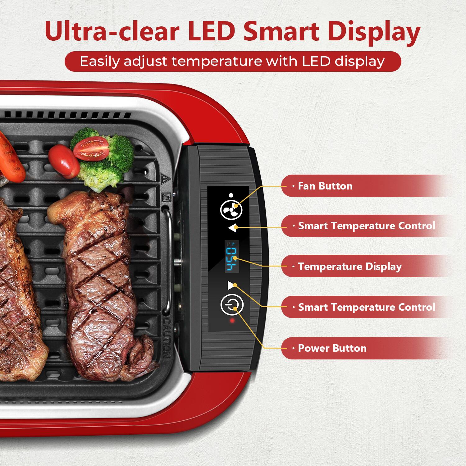Ultra-clear LED Smart Display  
Easily adjust temperature with LED display  

- Fan Button  
- Smart Temperature Control  
- Temperature Display  
- Smart Temperature Control  
- Power Button