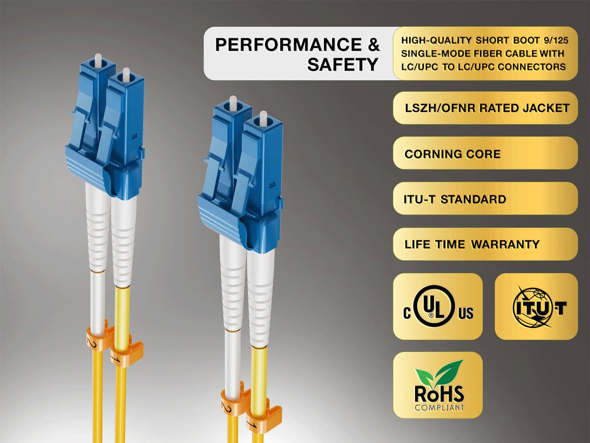 HIGH-QUALITY SHORT BOOT 9/125 PERFORMANCE & SINGLE-MODE FIBER CABLE WITH SAFETY LC/UPC TO LC/UPC CONNECTORS

LSZH/OFNR RATED JACKET

CORNING CORE

ITU-T STANDARD

LIFE TIME WARRANTY

UL
US
ITU-T
ROHS COMPLIANT