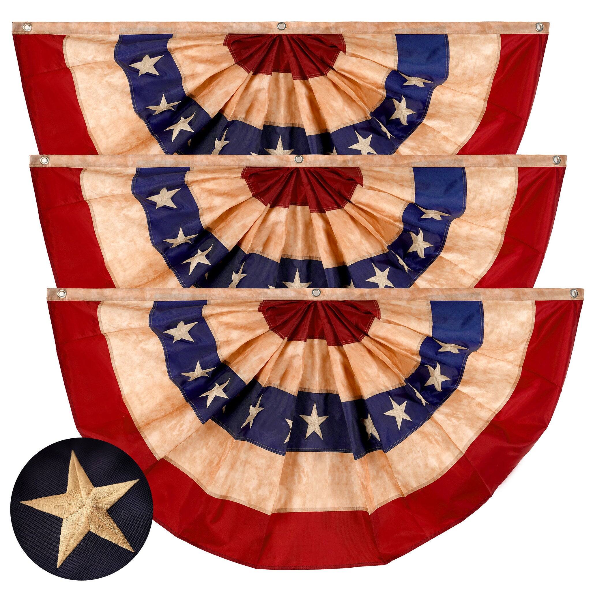 Front. G128 - G128 - 3 Pack: USA Tea Stained Pleated Fan Flag 1.5x3FT Embroidered Polyester Stars and Stripes - Red, white, blue (tea stained).