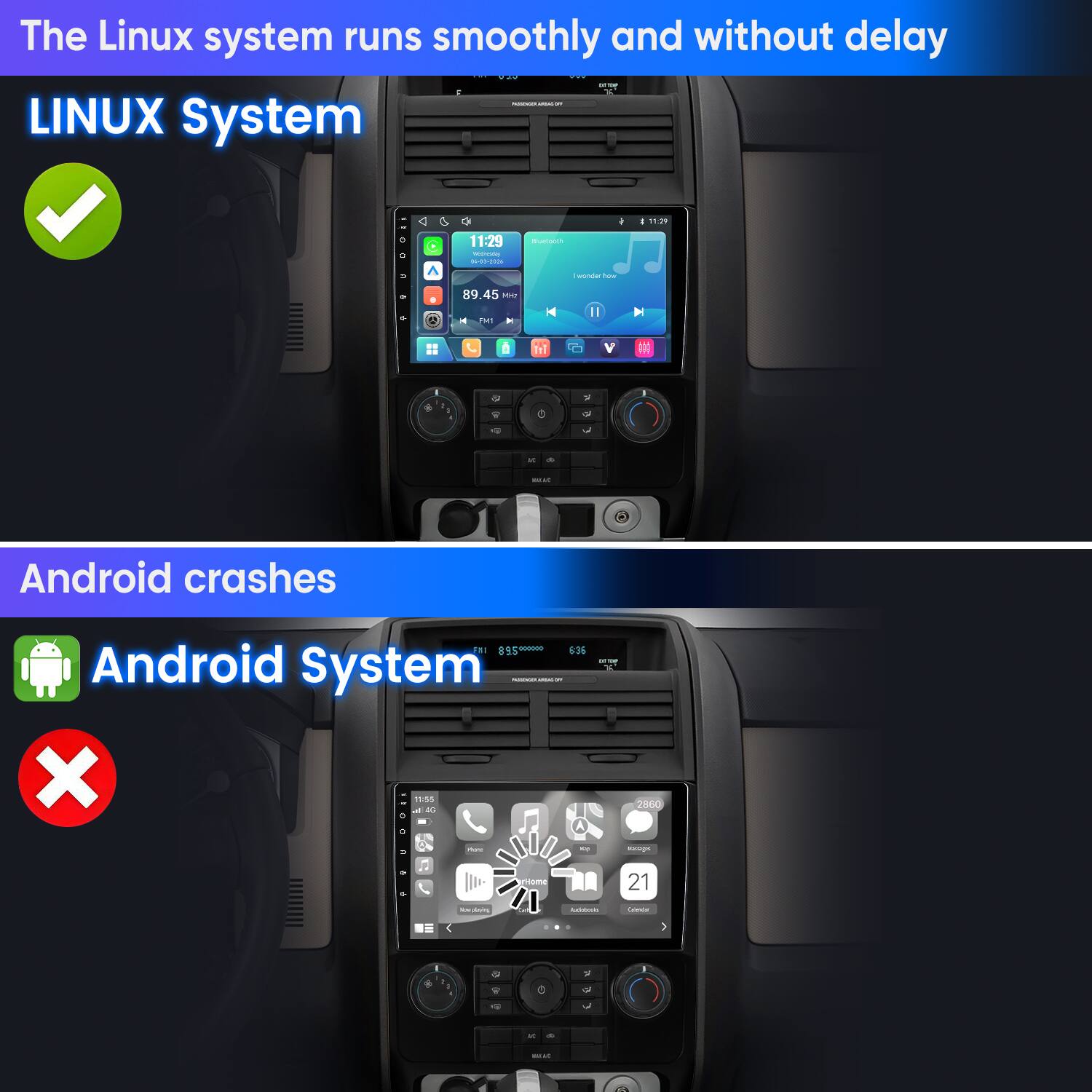 The Linux system runs smoothly and without delay.  
LINUX System

Android crashes  
Android System