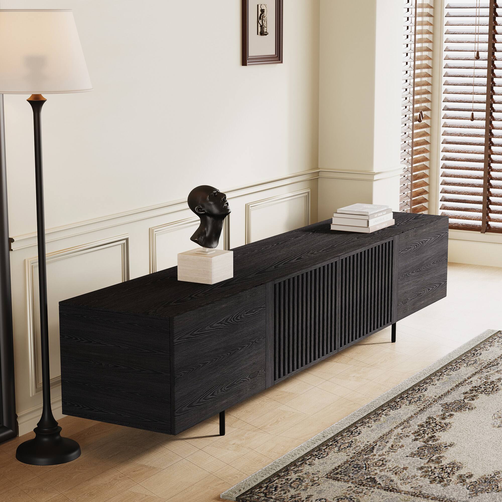 Alt View 2. luck idea - 94.48" Black Modern TV Stand with Adjustable Shelves, Soft-Close Hinges & Cable Holes, Metal Legs for Home Living - Black.