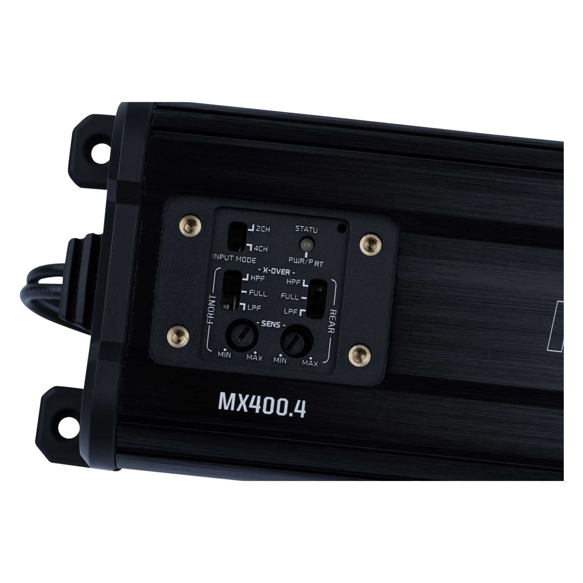 2CH STATU  
4CH INPUT MODE PWR/PT  
X-OVER-  
HPF HPF FULL FULL FRONT LPF LPF SENS REAR MIN MAX MIN MAX  
MX400.4