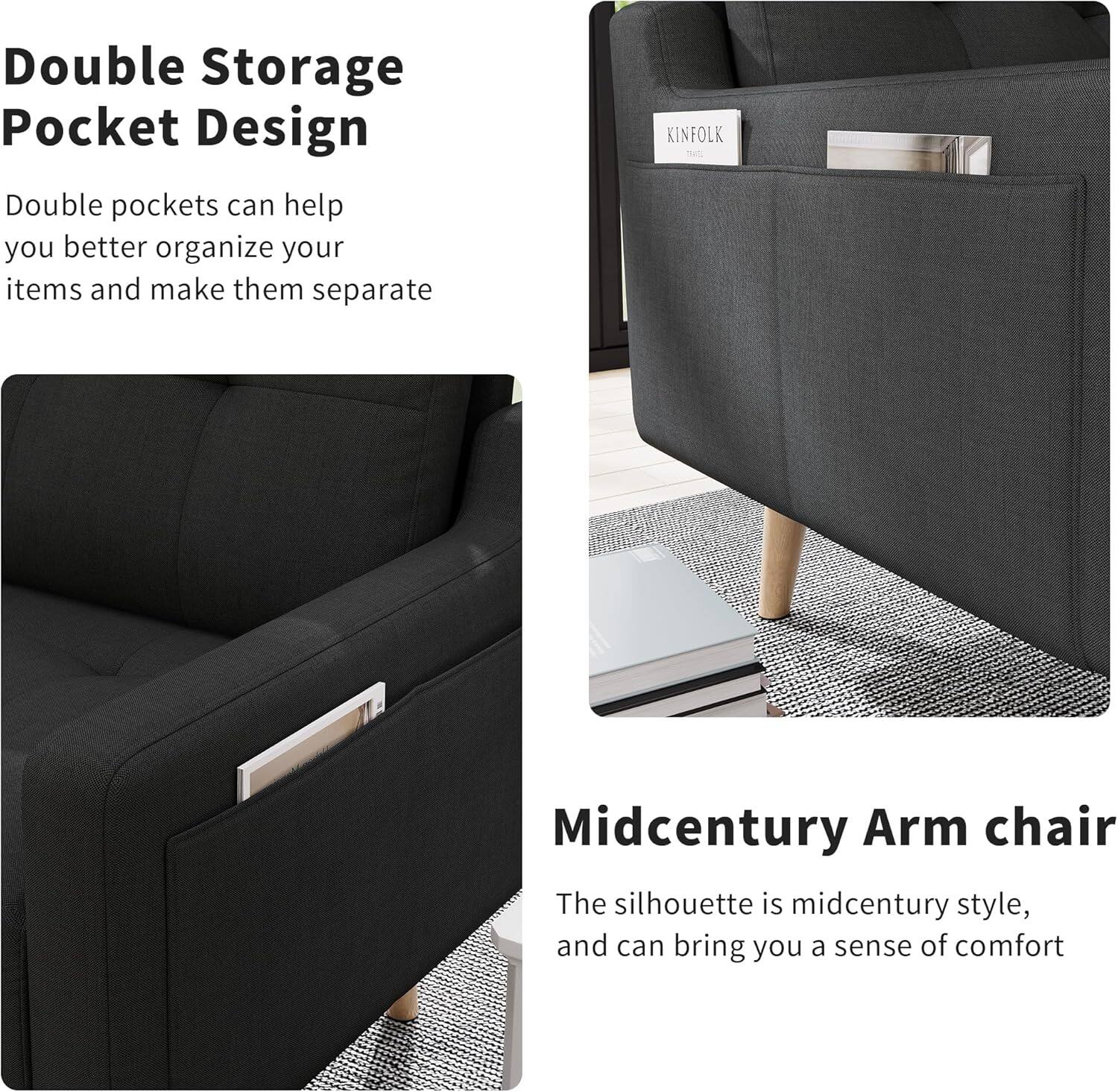 Double Storage Pocket Design  
Double pockets can help you better organize your items and make them separate  

Midcentury Arm chair  
The silhouette is midcentury style, and can bring you a sense of comfort