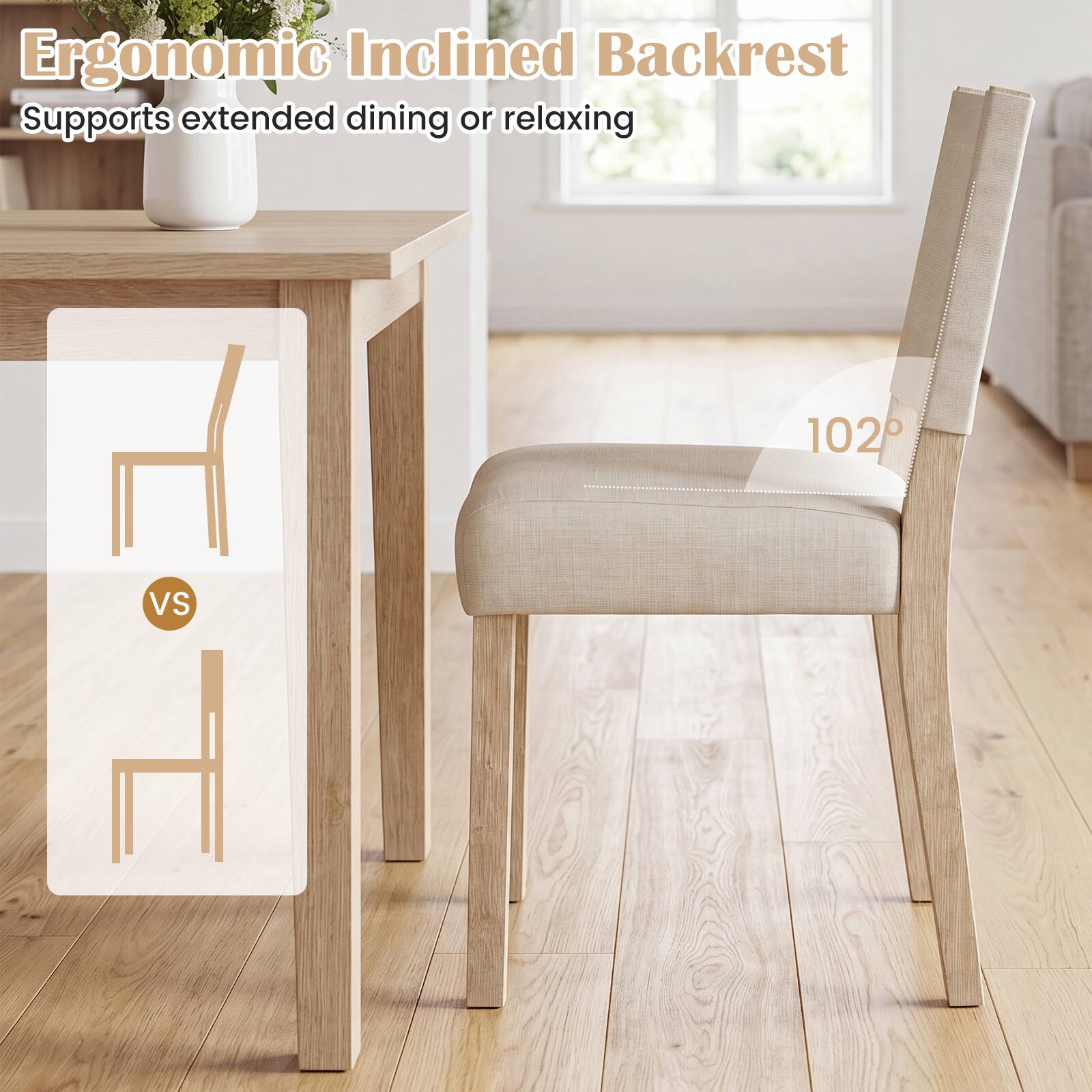 Ergonomic Inclined Backrest  
Supports extended dining or relaxing  
102°  
vs