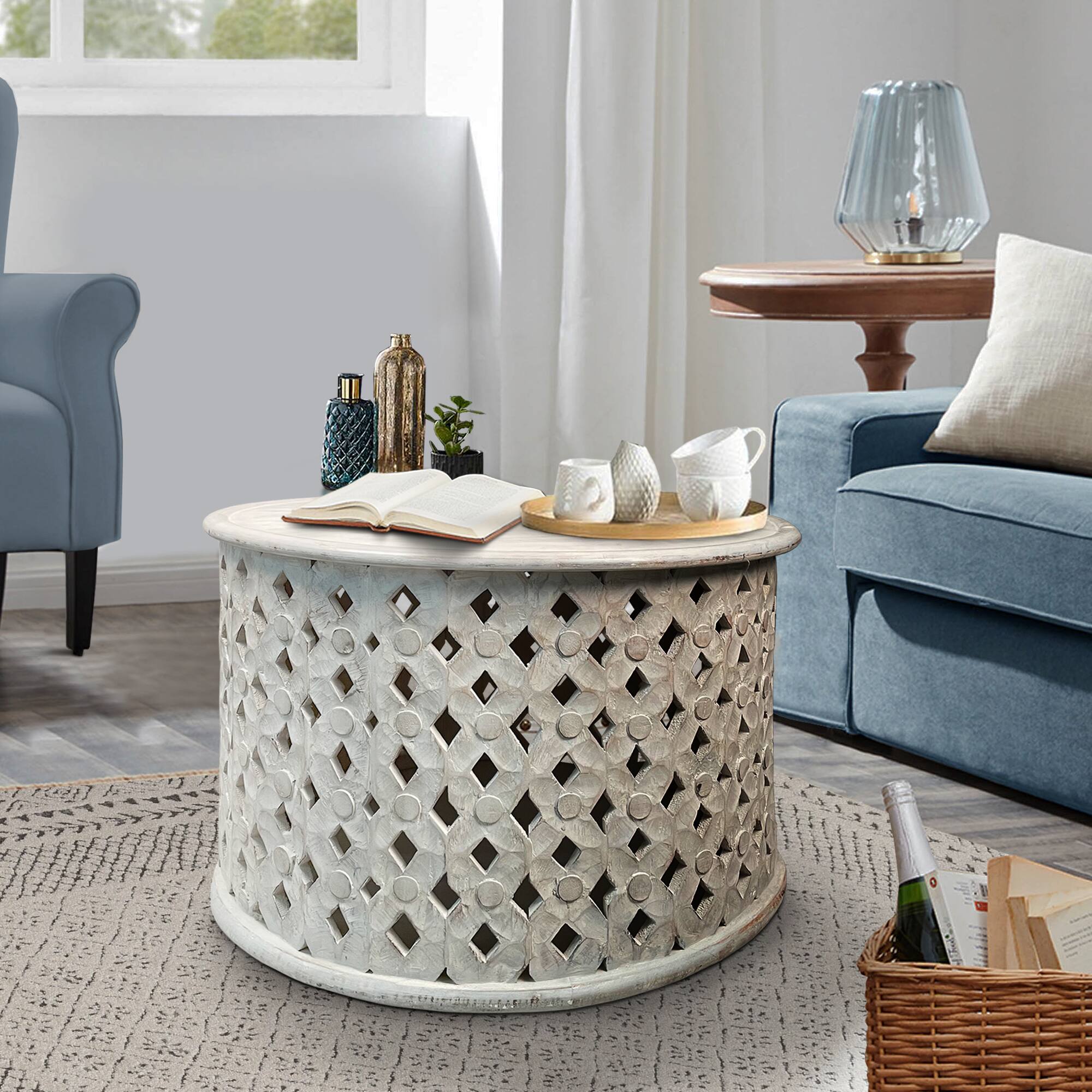 Alt View 6. Manhattan Lane - Cato 28 Inch Artisanal Round Mango Wood Coffee Table, Intricate Diamond Lattice Cut Out Frame - White.
