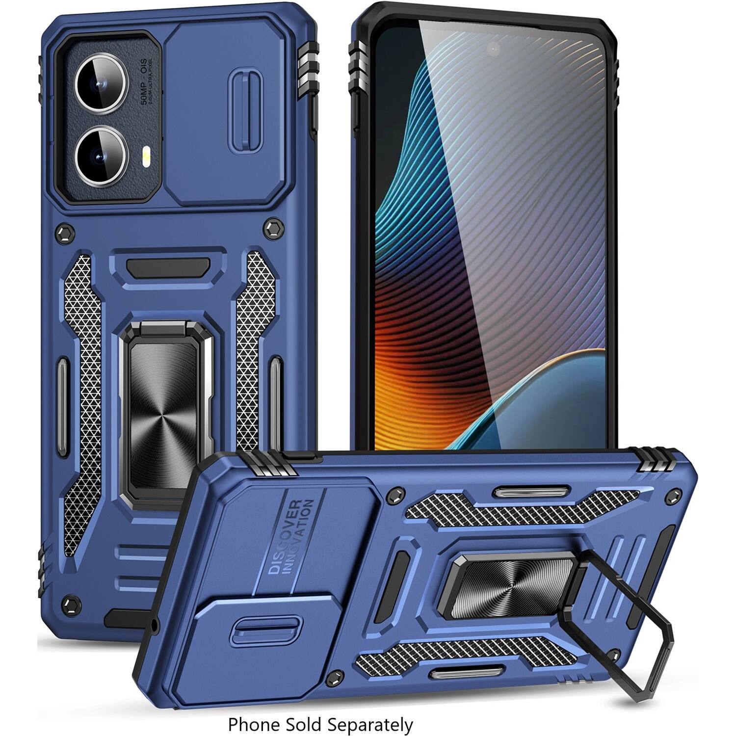 The image shows a blue case for a cell phone, which is sold separately. The case is designed to protect the phone and has a unique design. The case is displayed in front of a blue background, which highlights the color of the case. The case is made of durable material and is suitable for the phone it is designed for.