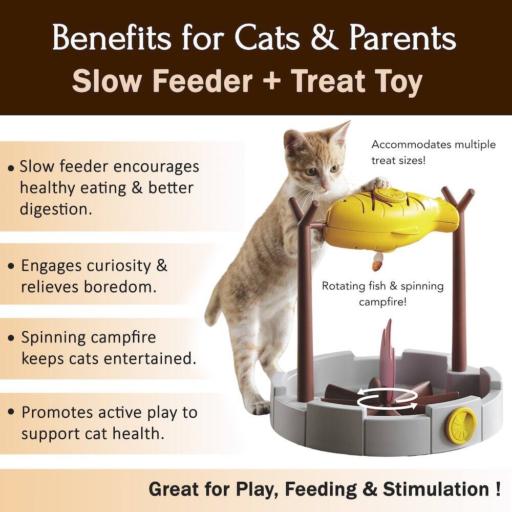 Benefits for Cats & Parents  
Slow Feeder + Treat Toy  

- Slow feeder encourages healthy eating & better digestion.  
- Engages curiosity & relieves boredom.  
- Spinning campfire keeps cats entertained.  
- Promotes active play to support cat health.  

Accommodates multiple treat sizes!  
Rotating fish & spinning campfire!  

Great for Play, Feeding & Stimulation!