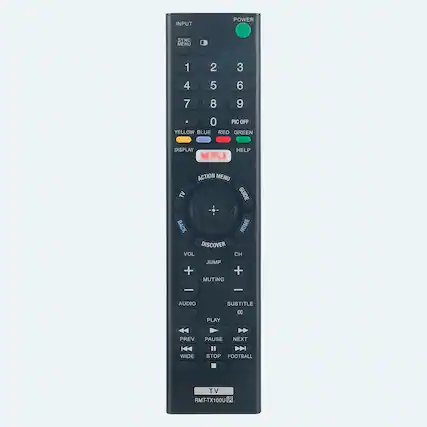 INPUT
POWER
SYNC MENU
1 2 3
4 5 6
7 8 9
0
PIC OFF
YELLOW BLUE
RED GREEN
DISPLAY
NETFLIX
HELP
ACTION MENU
GUIDE
BACK
HOME
DISCOVER
VOL
JUMP
+
MUTING
AUDIO
SUBTITLE
CC
PLAY
PREV
PAUSE
NEXT
H4
WIDE
STOP
FOOTBALL
TV
RMT-TX100U